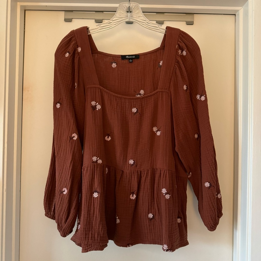 Madewell Floral Embroidered Lightspun Peplum Top, Size  Large